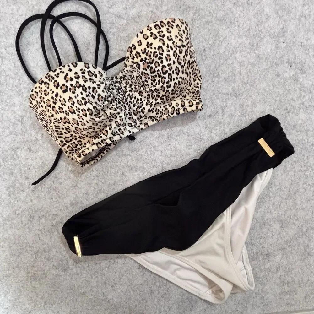 VICTORIA’S SECRET 2 Pc Bikini Leopard Print Top 32C + Gold Bar Bottom Size Small